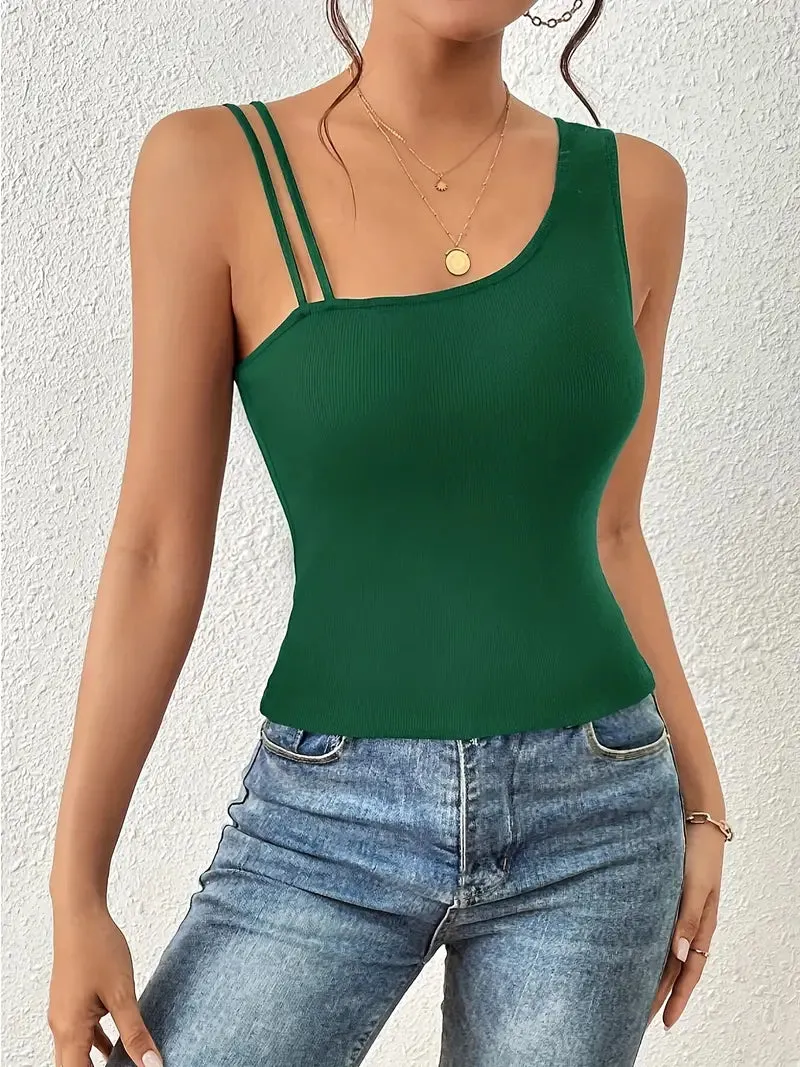Solid Color Asymmetrical Cami Top with Slanted Neckline 