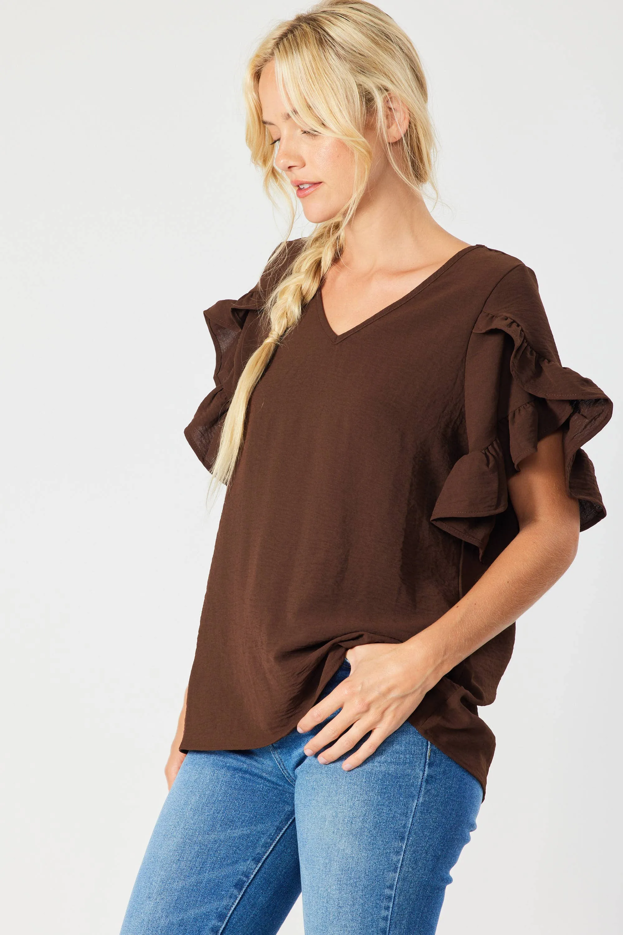 ST2407 - RUFFLED TULIP SLEEVE V NECK TOP: BROWN  FSL Apparel