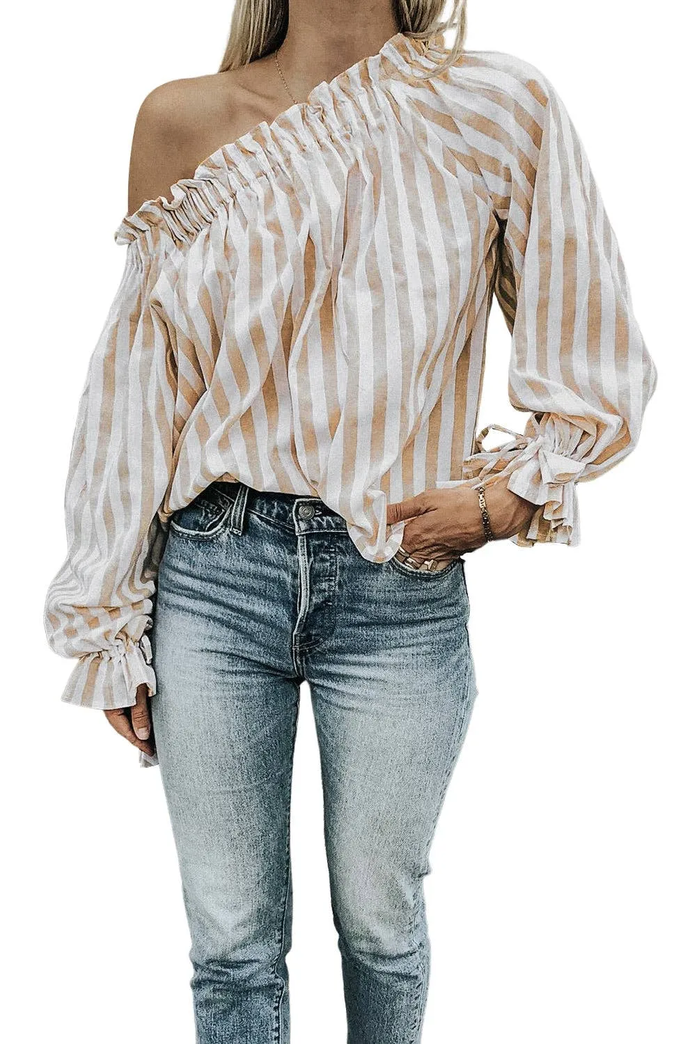 Stripe Print Frilled Elastic Off Shoulder Top: Full Time Purchase