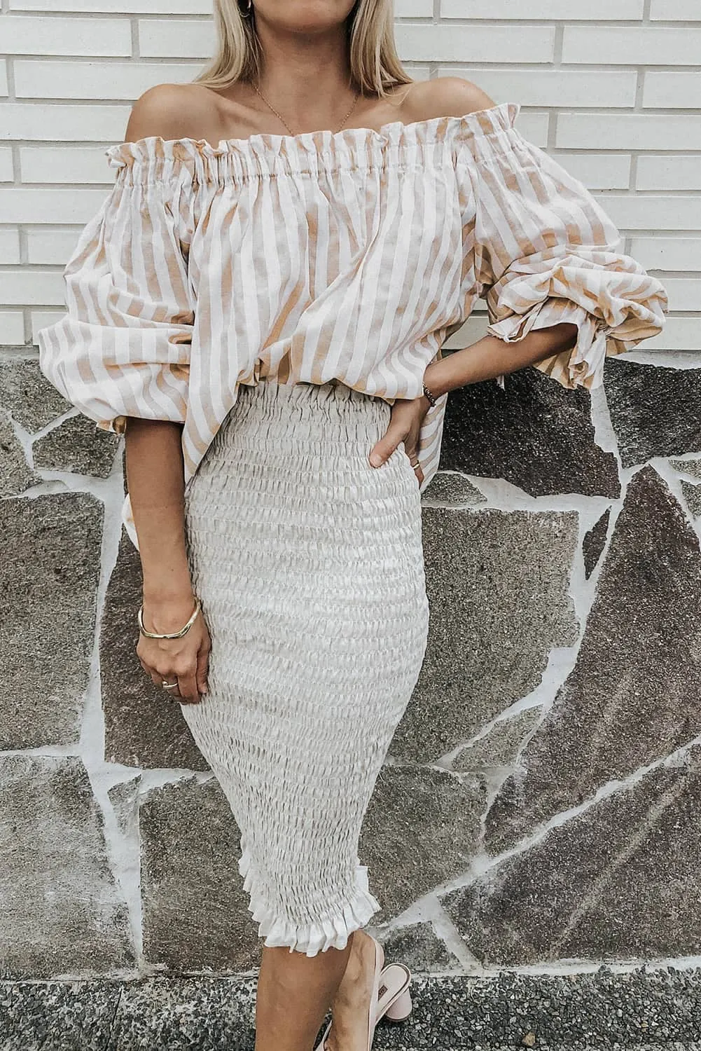 Stripe Print Frilled Elastic Off Shoulder Top: Full Time Purchase