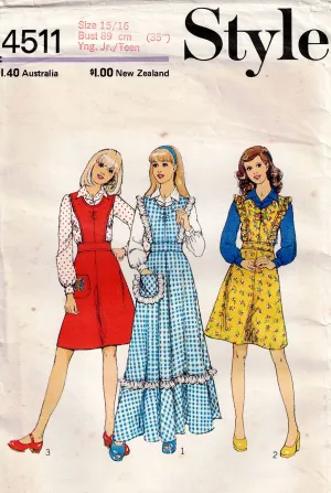 Style 4511 Young Junior / Teens Ruffled Pinafore Dress Maxi & Blouse 1970s Vintage Sewing Pattern Size 15/16 Bust 35 inches UNCUT Factory Folded
