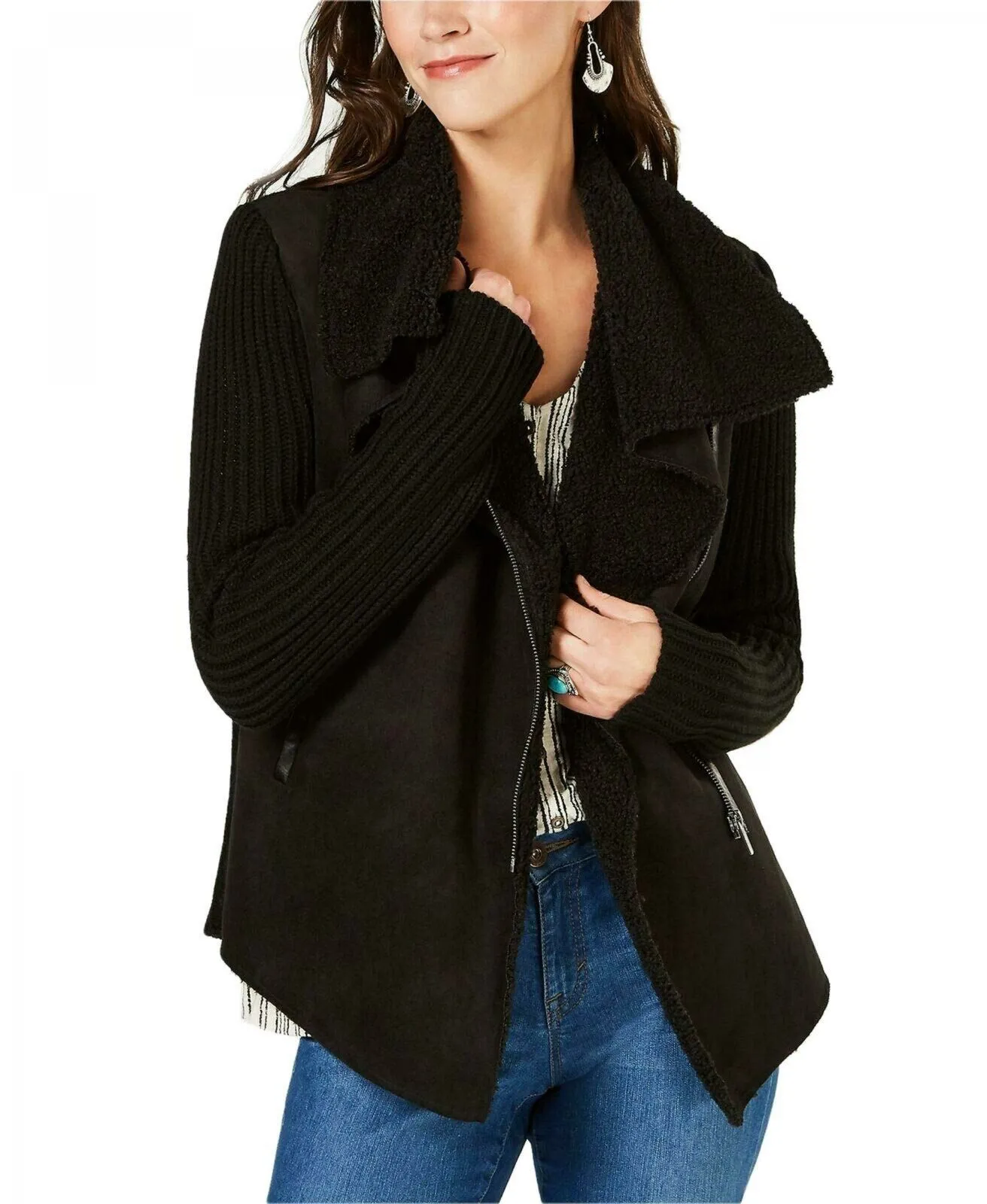 Style & Co. Women's Petite Faux Shearling Knit Sleeve Jacket. 100035847P
