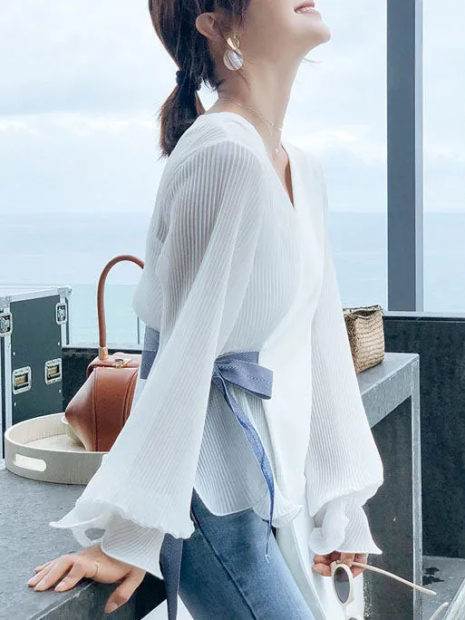 Summer Crease Stitching Ruffled Long-sleeved Top