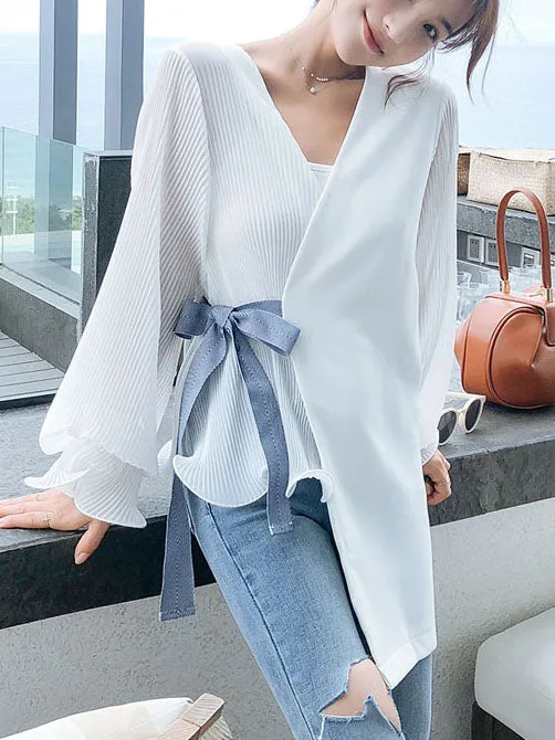 Summer Crease Stitching Ruffled Long-sleeved Top