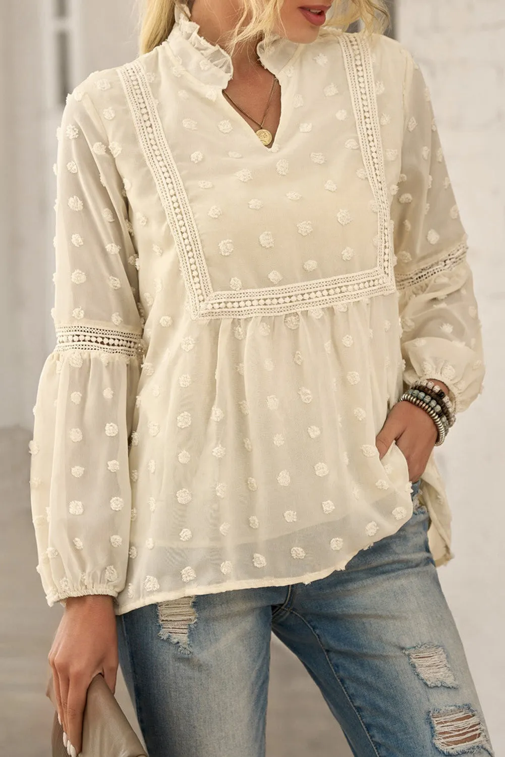 Swiss Dot Split Neck Ruffle Babydoll Blouse