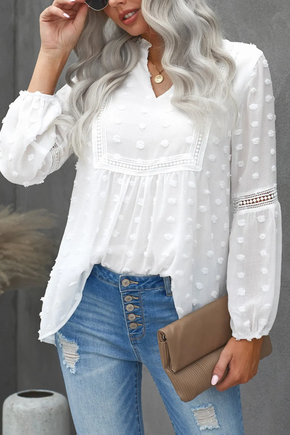 Swiss Dot Split Neck Ruffle Babydoll Blouse
