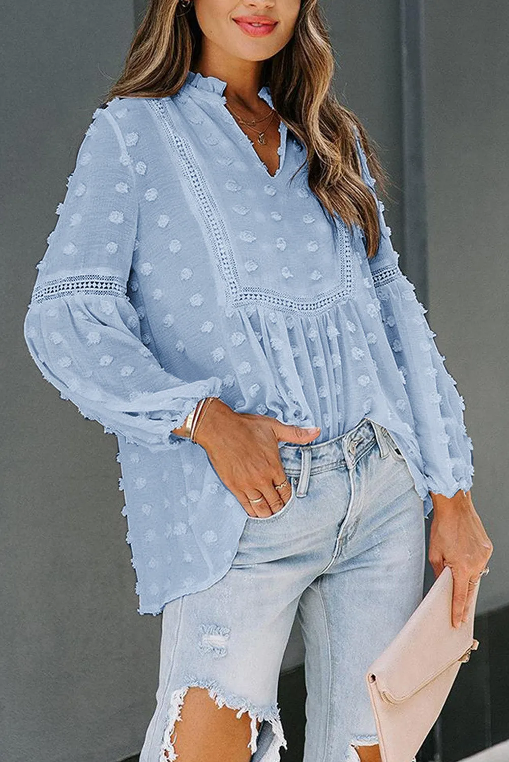 Swiss Dot Split Neck Ruffle Babydoll Blouse
