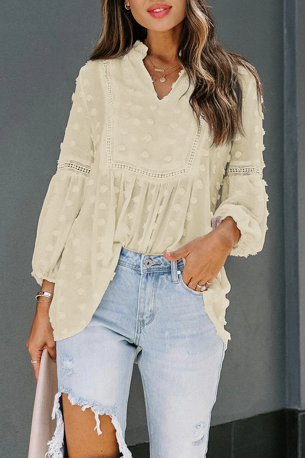 Swiss Dot Split Neck Ruffle Babydoll Blouse