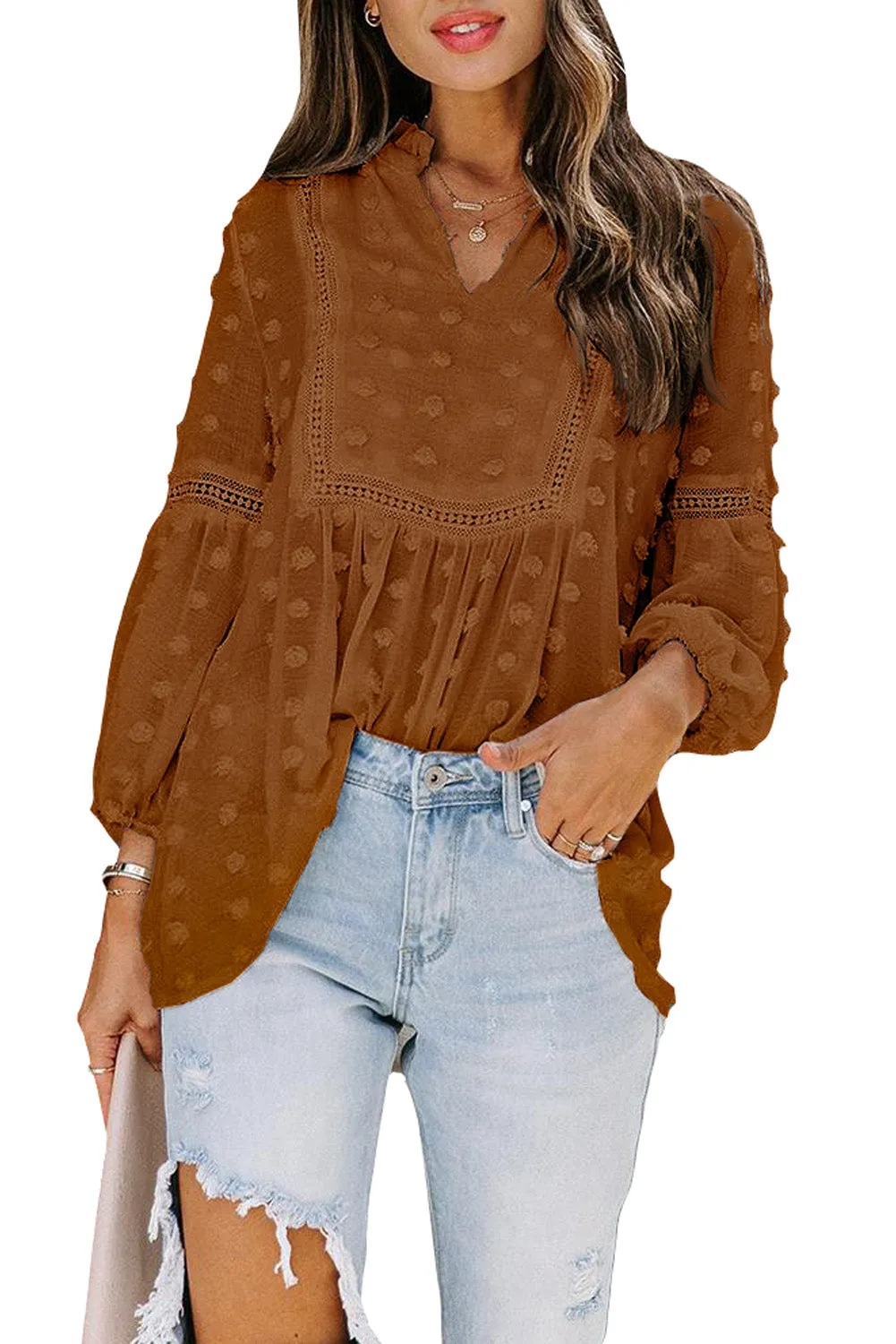 Swiss Dot Split Neck Ruffle Babydoll Blouse