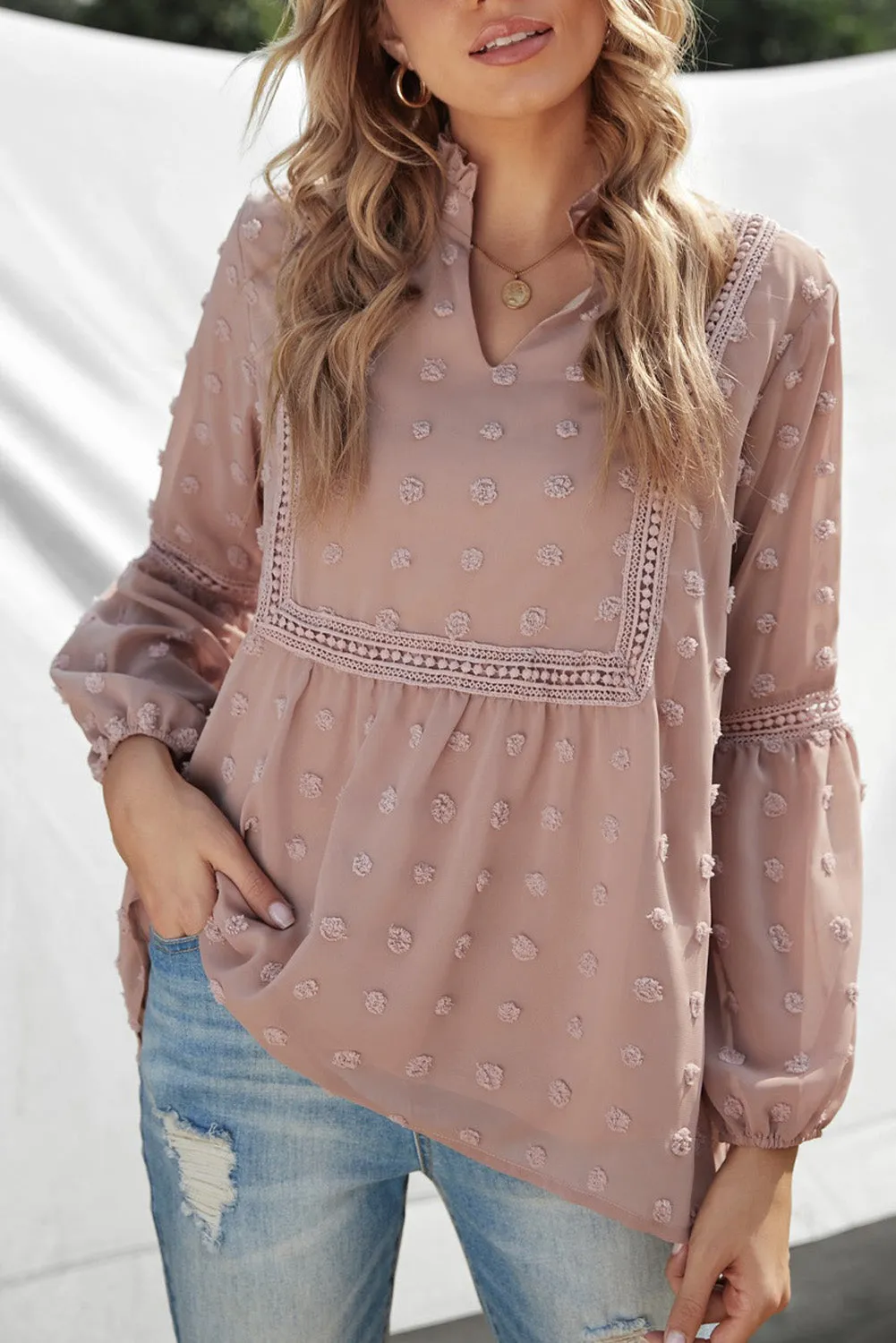Swiss Dot Split Neck Ruffle Babydoll Blouse