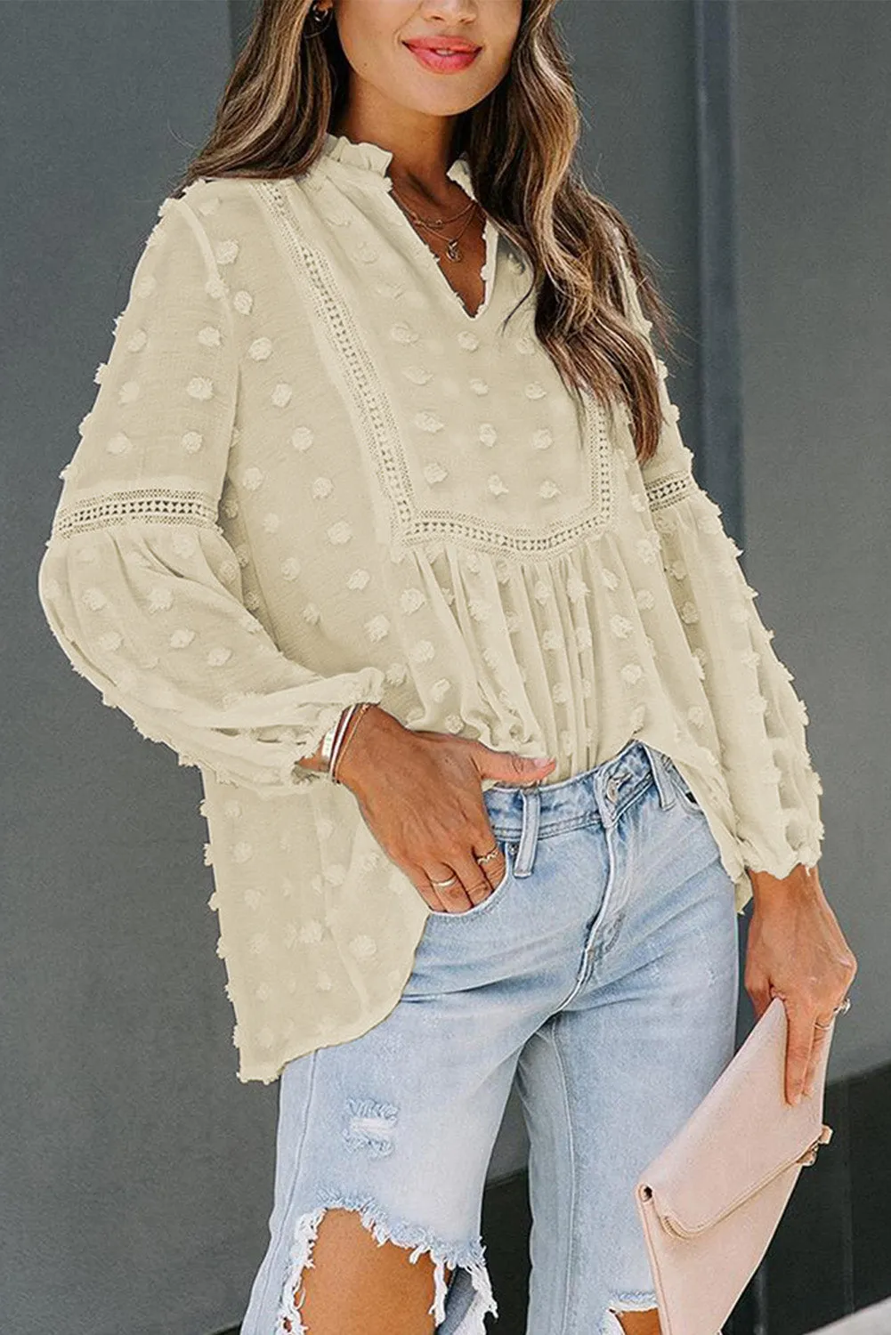 Swiss Dot Split Neck Ruffle Babydoll Blouse