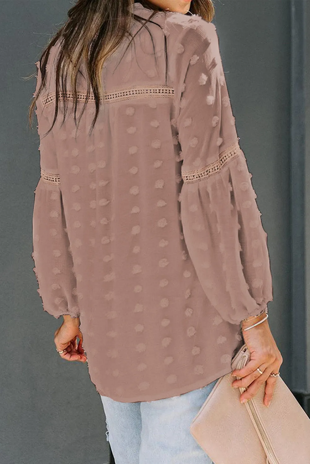 Swiss Dot Split Neck Ruffle Babydoll Blouse