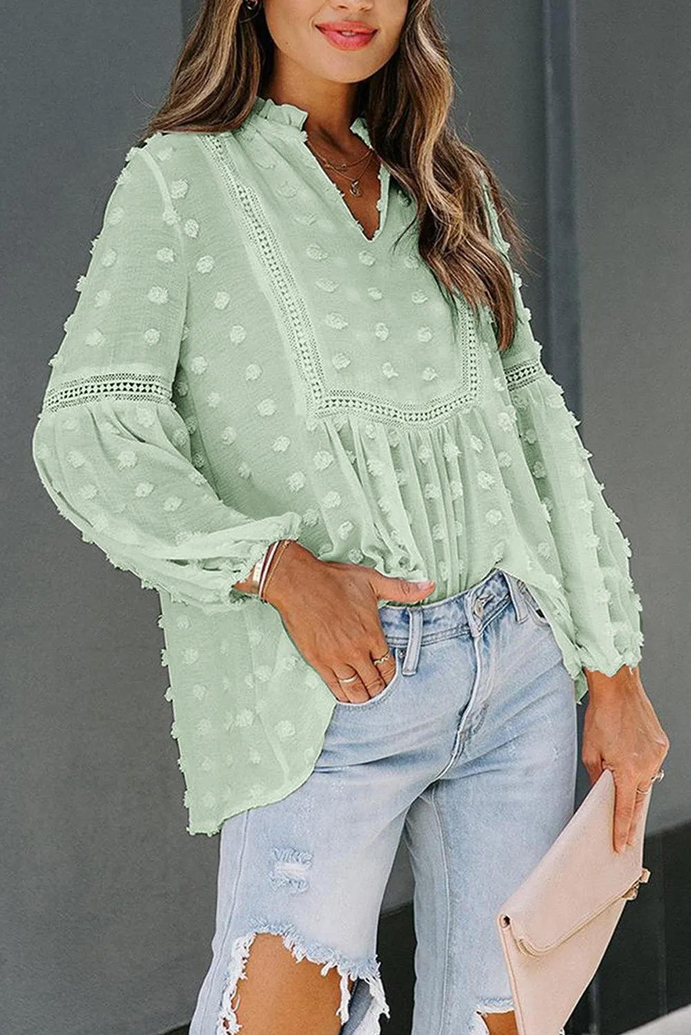 Swiss Dot Split Neck Ruffle Babydoll Blouse