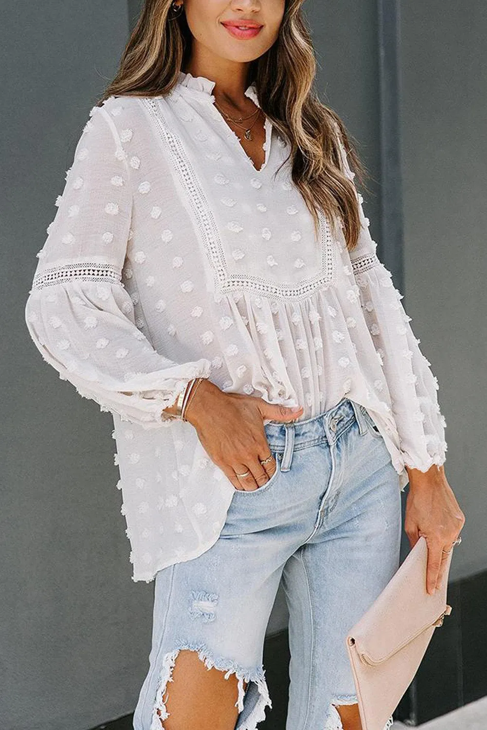 Swiss Dot Split Neck Ruffle Babydoll Blouse