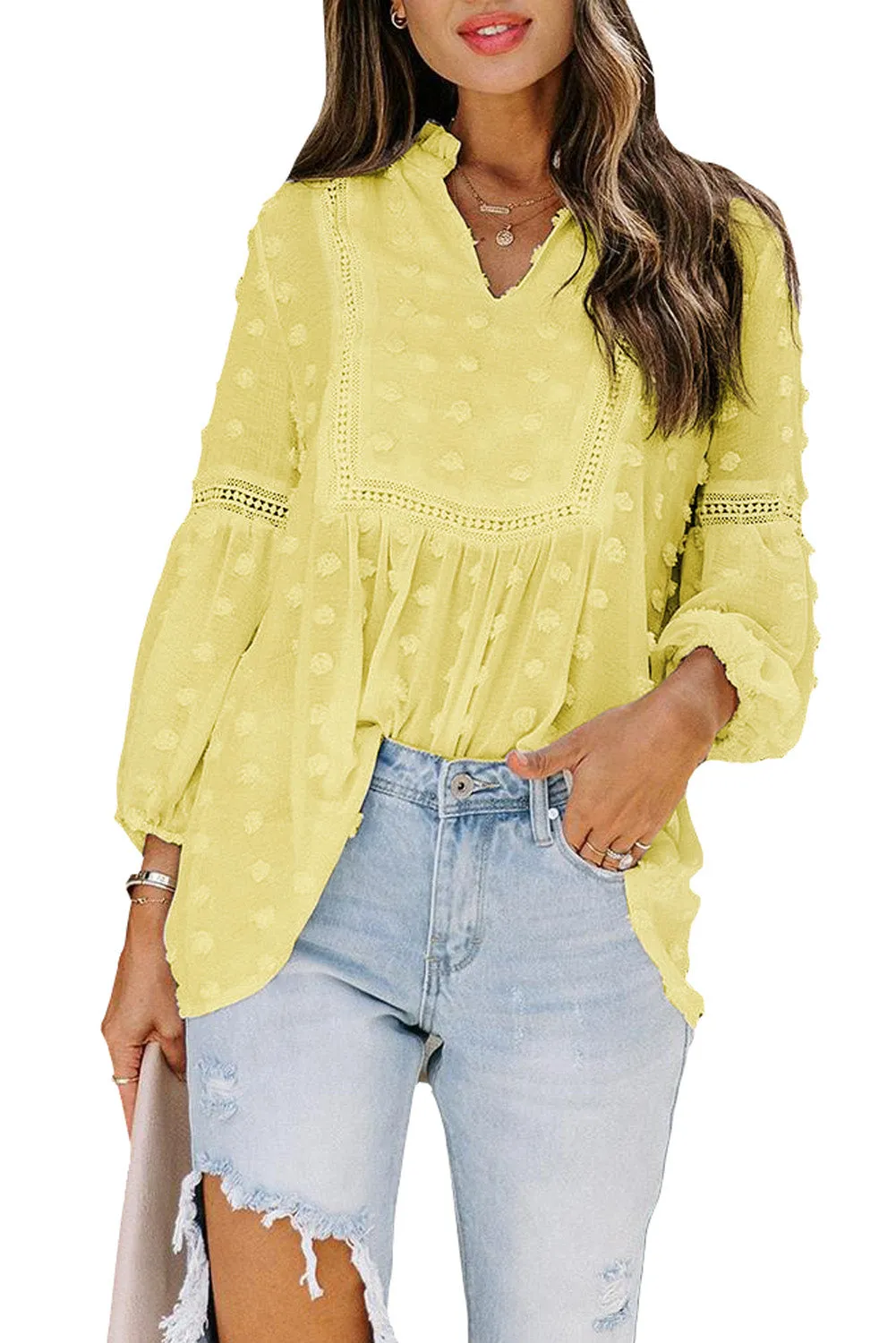 Swiss Dot Split Neck Ruffle Babydoll Blouse