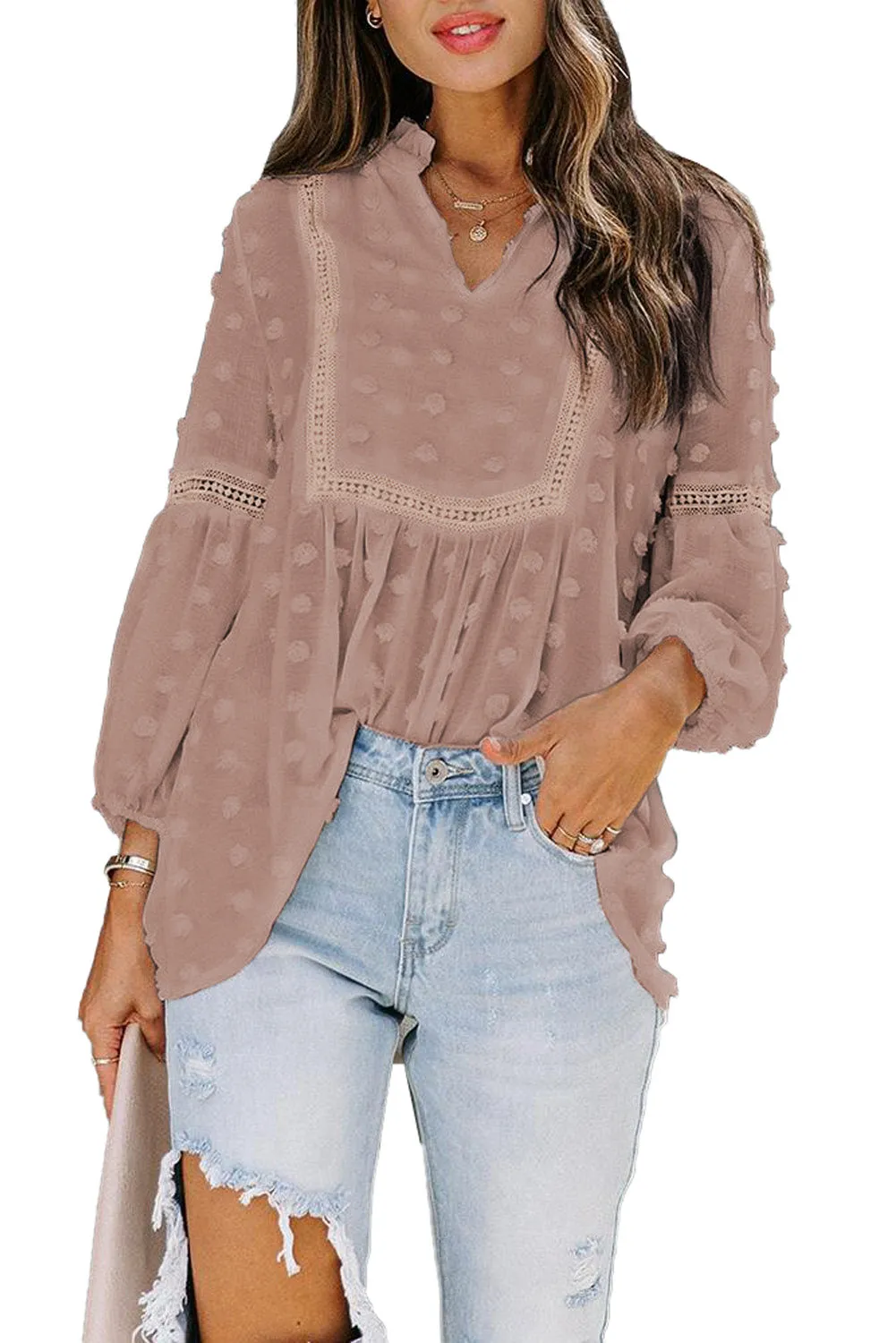 Swiss Dot Split Neck Ruffle Babydoll Blouse