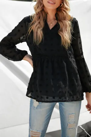 Swiss Dot Split Neck Ruffle Babydoll Blouse