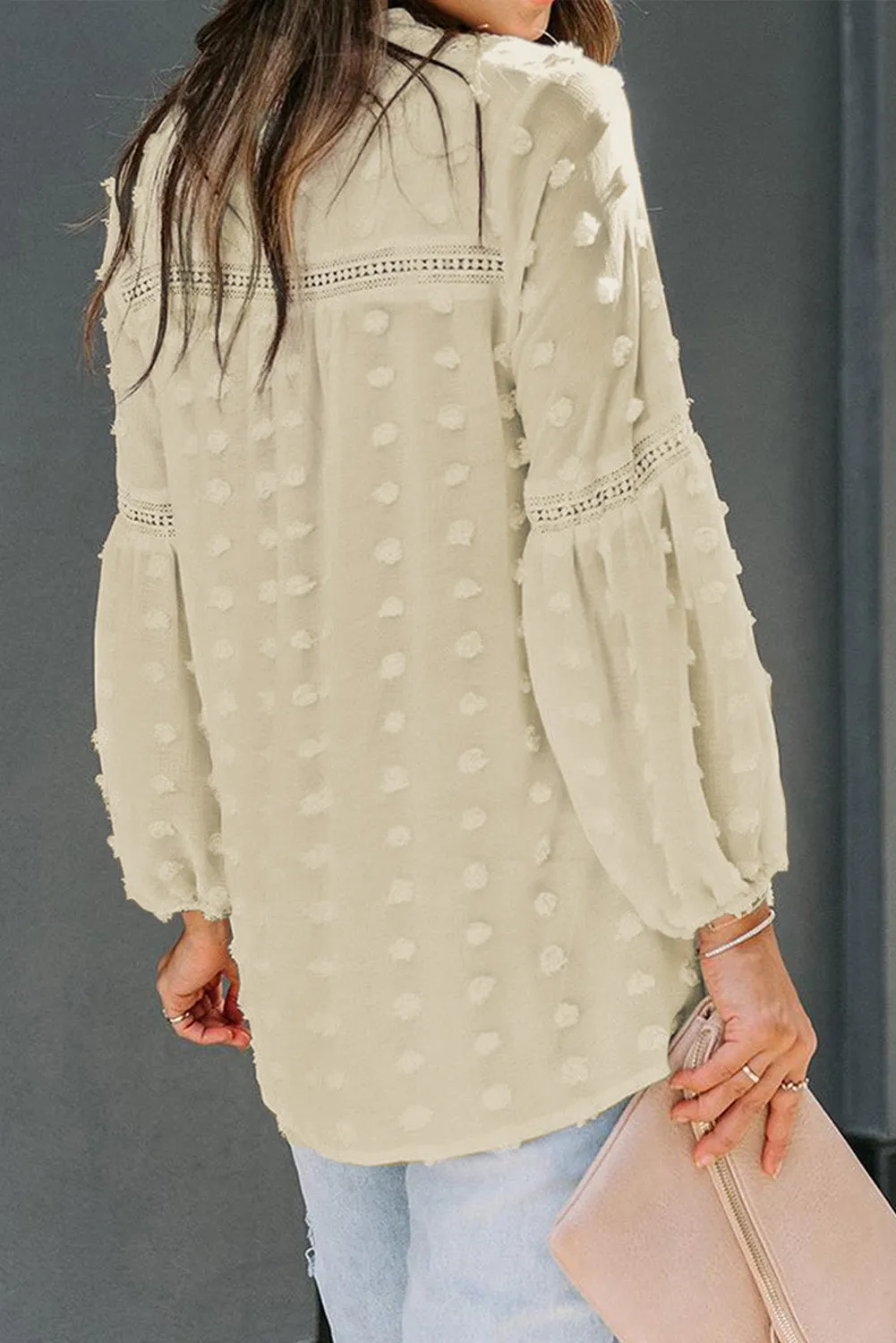 Swiss Dot Split Neck Ruffle Babydoll Blouse