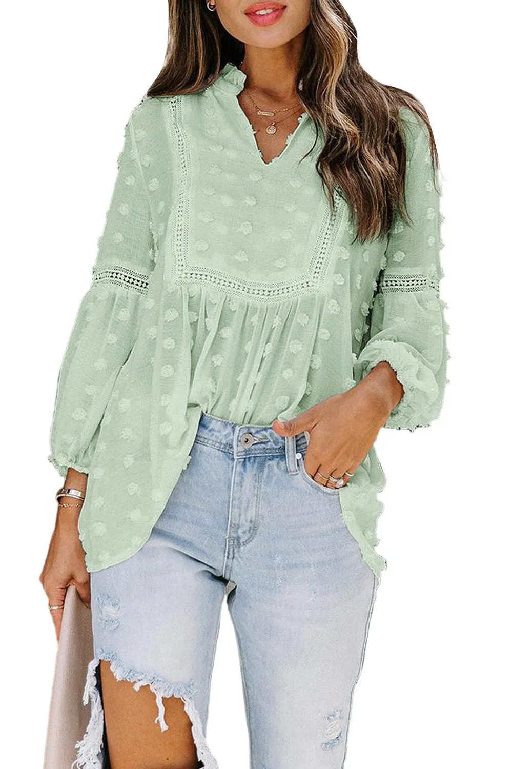 Swiss Dot Split Neck Ruffle Babydoll Blouse