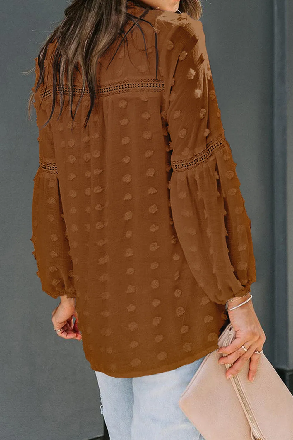 Swiss Dot Split Neck Ruffle Babydoll Blouse
