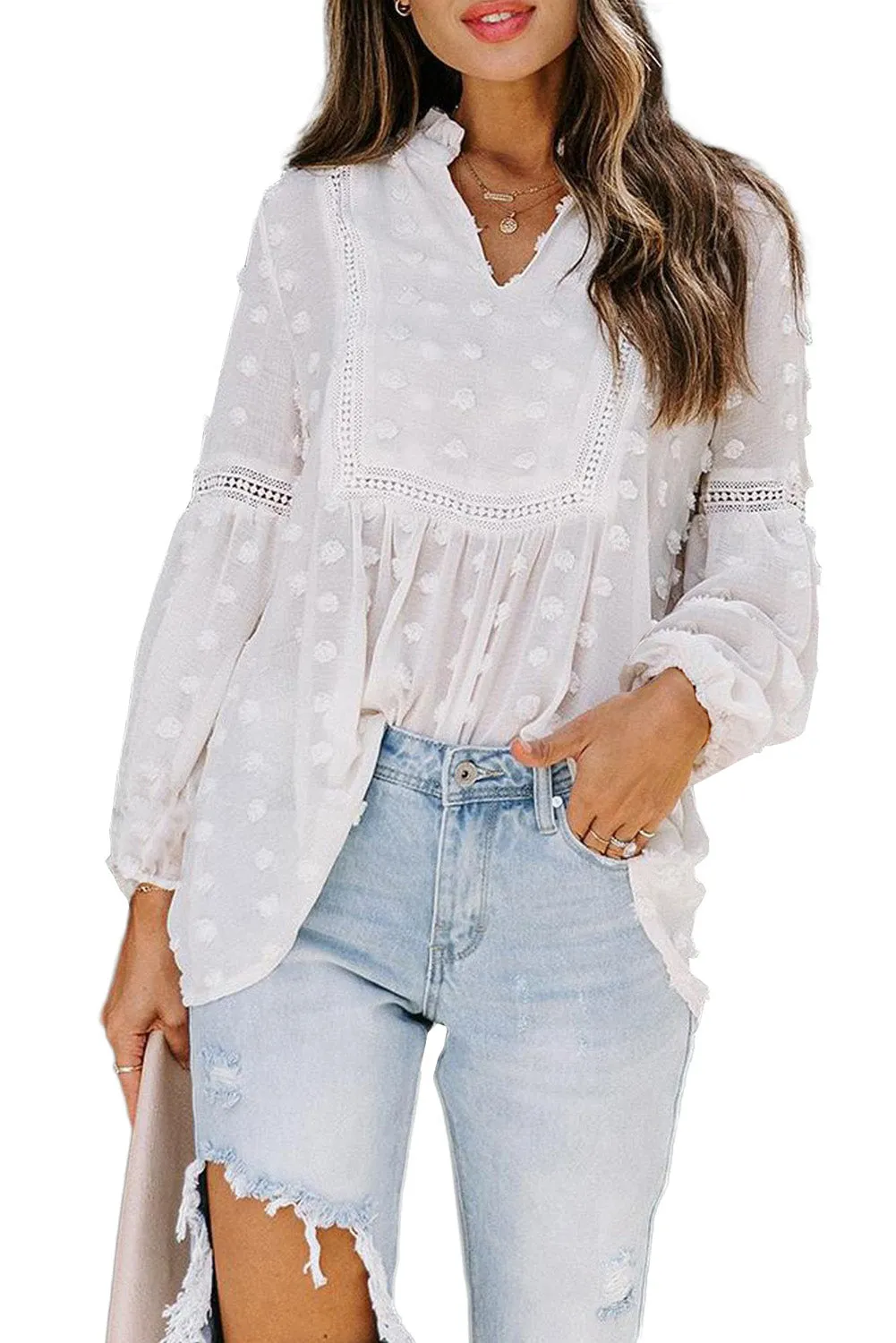 Swiss Dot Split Neck Ruffle Babydoll Blouse