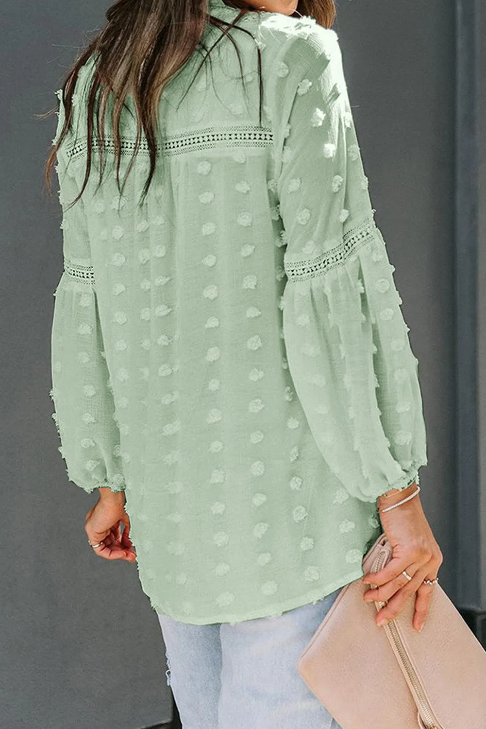 Swiss Dot Split Neck Ruffle Babydoll Blouse