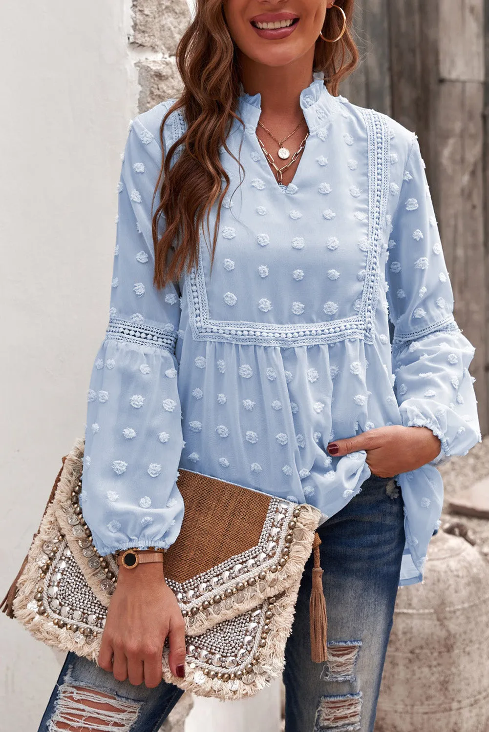Swiss Dot Split Neck Ruffle Babydoll Blouse