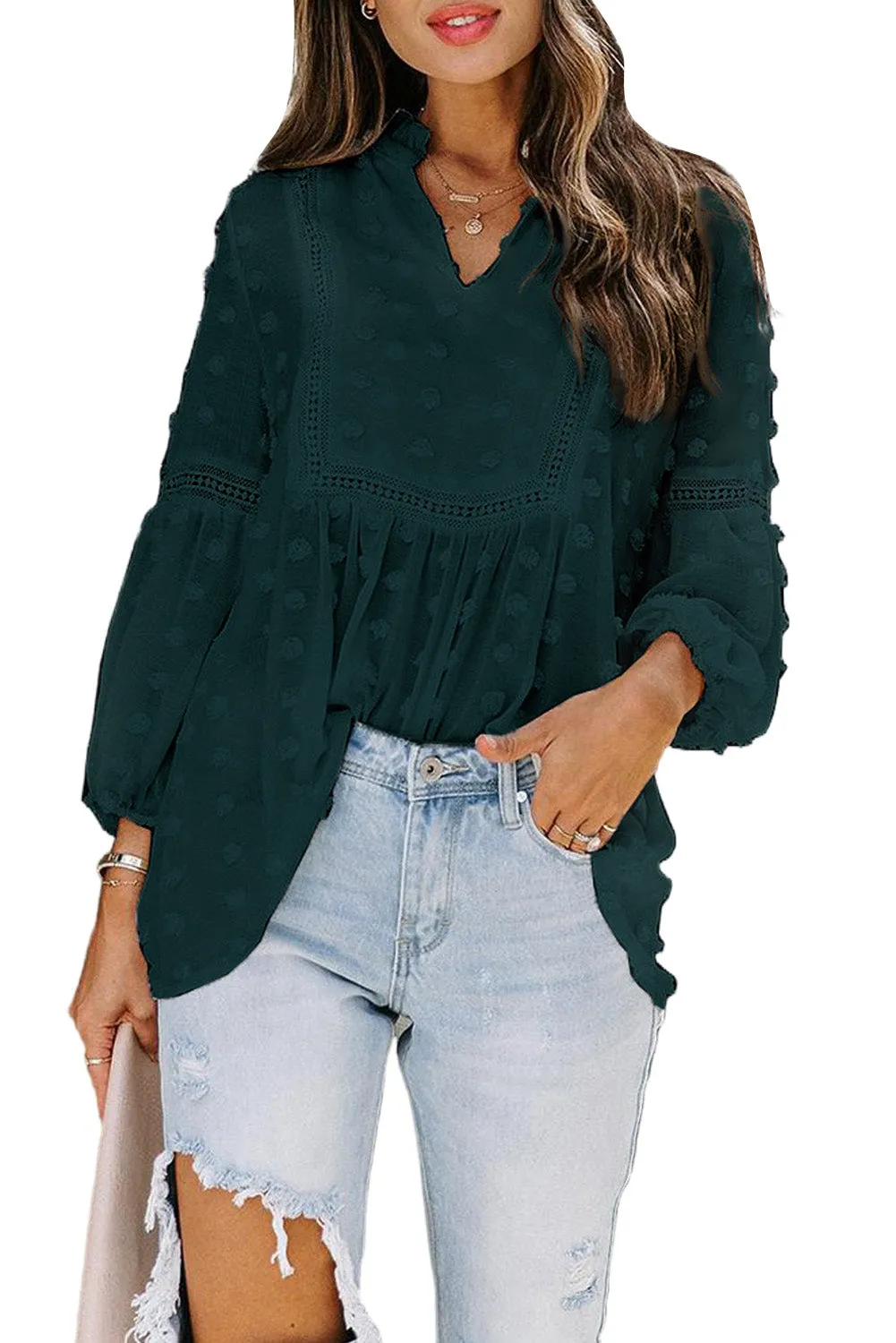 Swiss Dot Split Neck Ruffle Babydoll Blouse