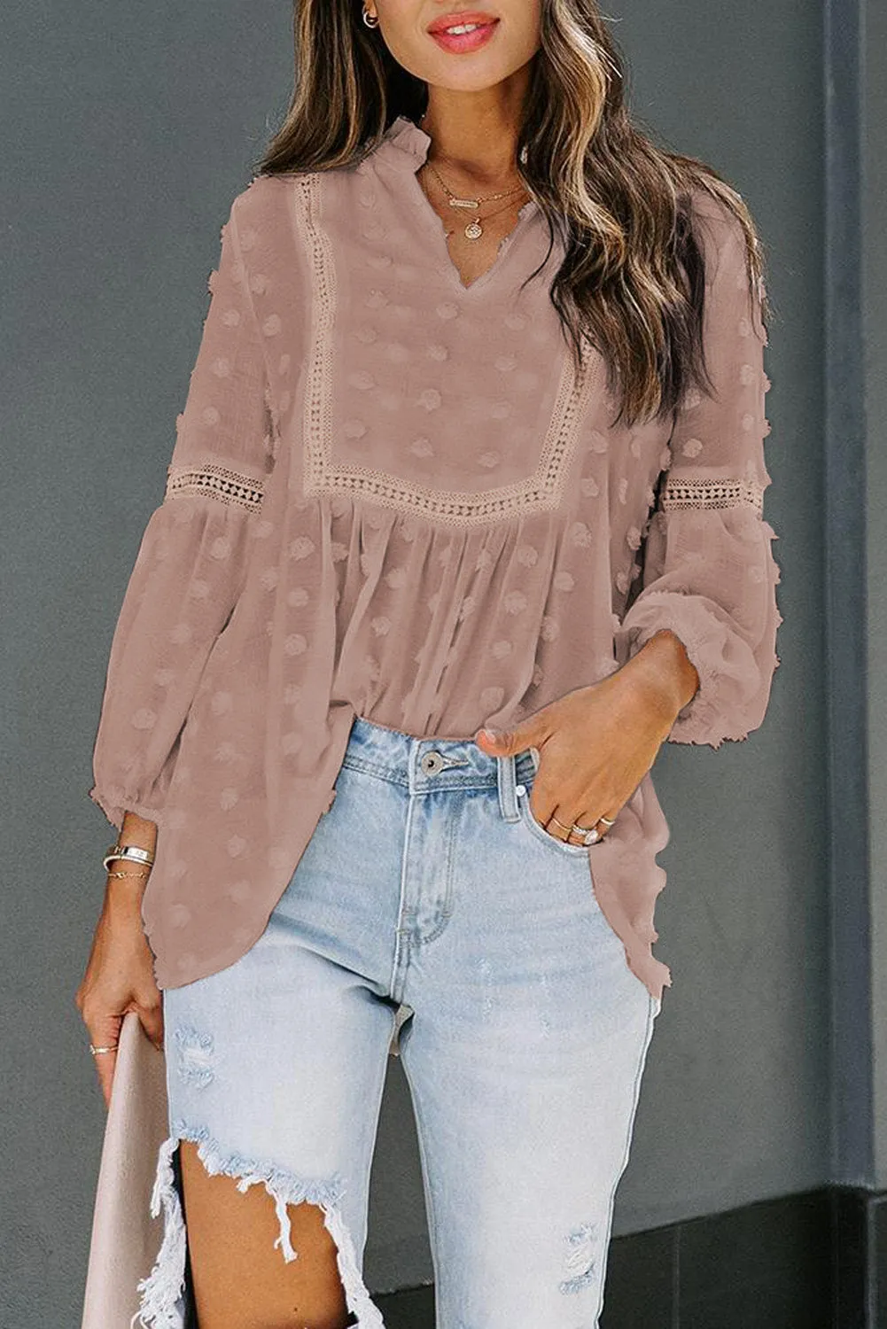Swiss Dot Split Neck Ruffle Babydoll Blouse
