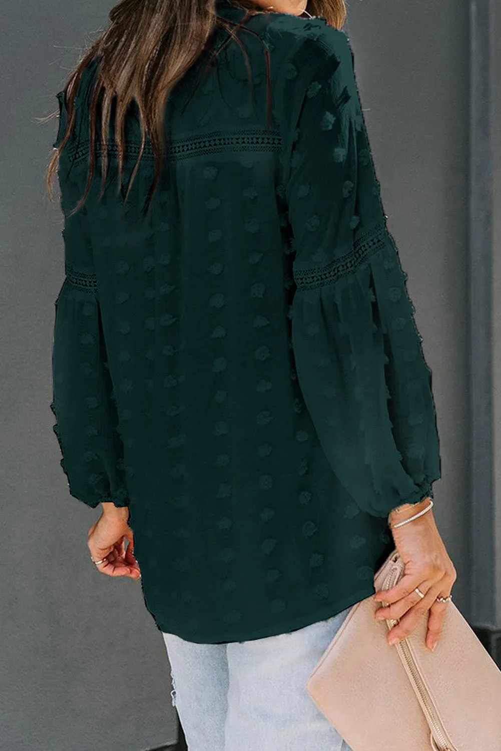 Swiss Dot Split Neck Ruffle Babydoll Blouse
