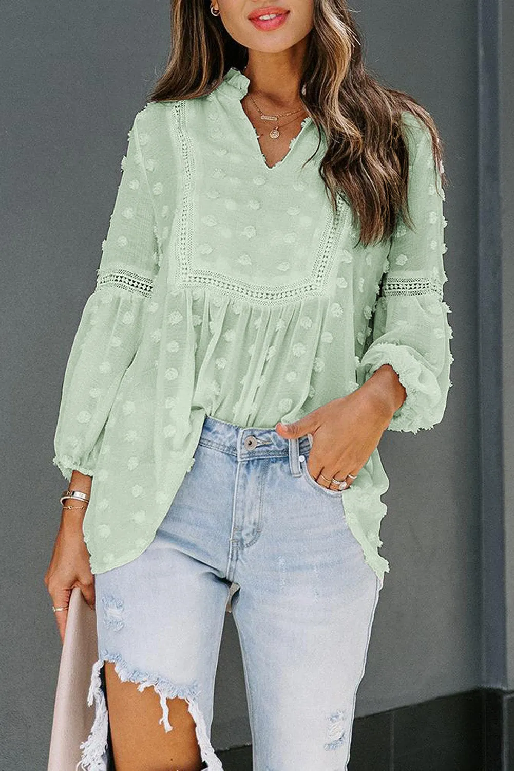 Swiss Dot Split Neck Ruffle Babydoll Blouse