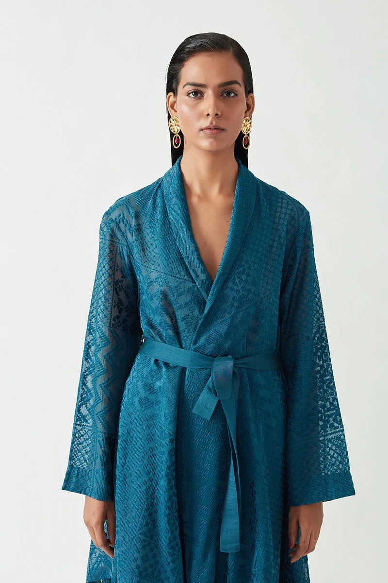 Teal Eugene Embroidered Jacket With Belt