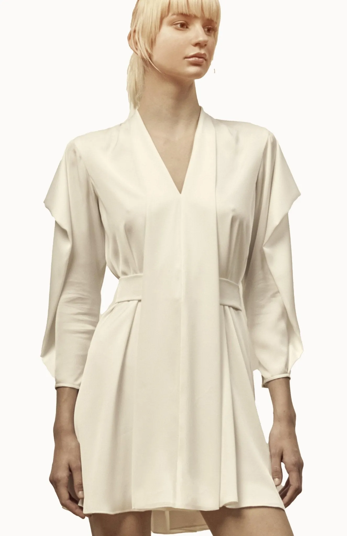 Theoni | Fluid Elegance: Draped Sleeve White Dress