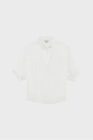 UMELIA WHITE RUFFLED SATIN BLOUSE
