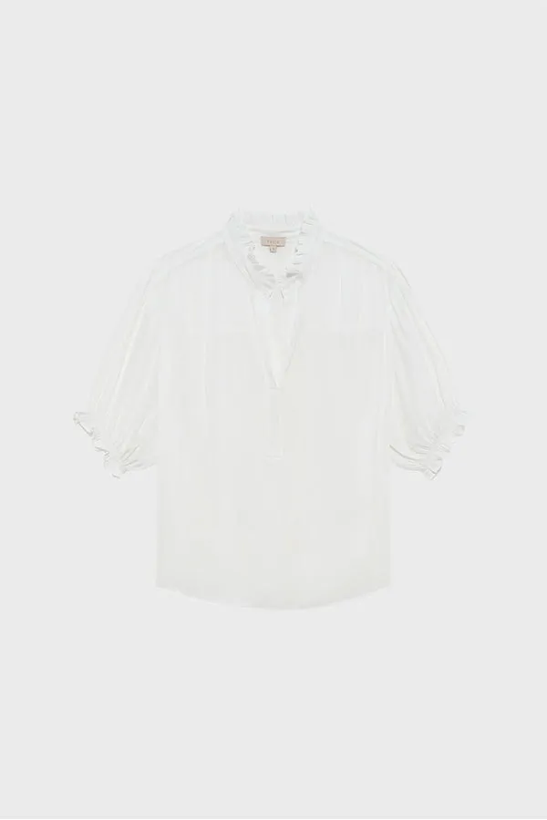 UMELIA WHITE RUFFLED SATIN BLOUSE