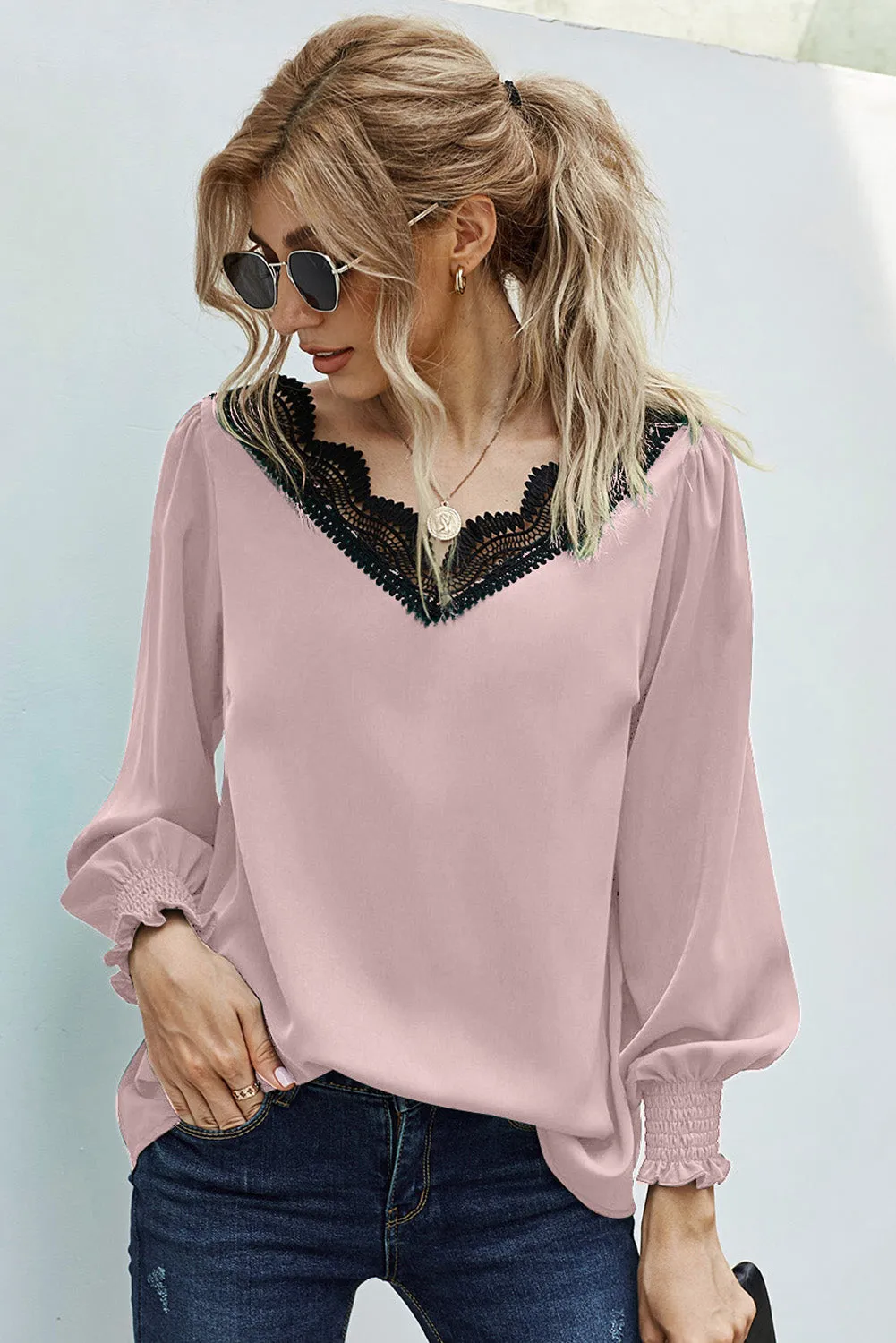 V Neck Lace Patchwork Red Blouse