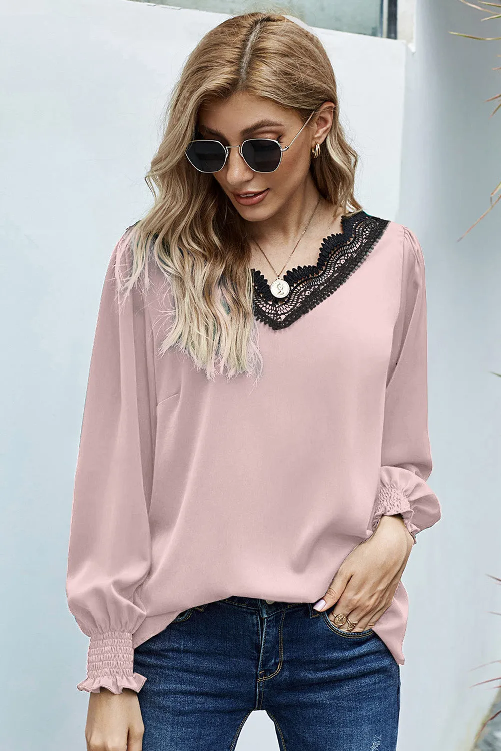 V Neck Lace Patchwork Red Blouse