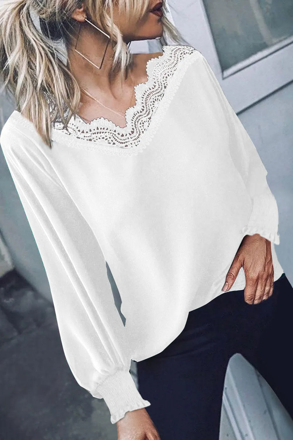 V Neck Lace Patchwork Red Blouse