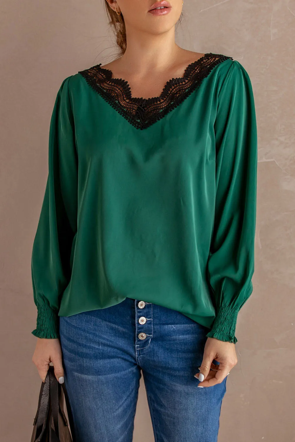V Neck Lace Patchwork Red Blouse