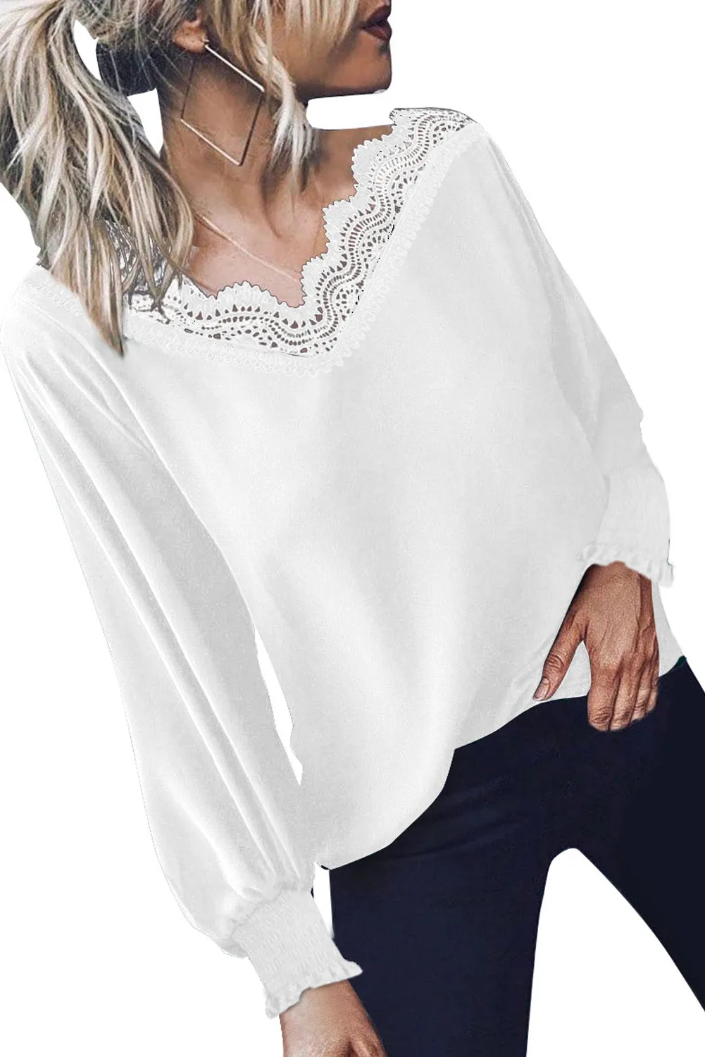 V Neck Lace Patchwork Red Blouse