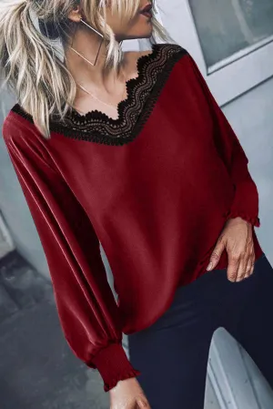 V Neck Lace Patchwork Red Blouse