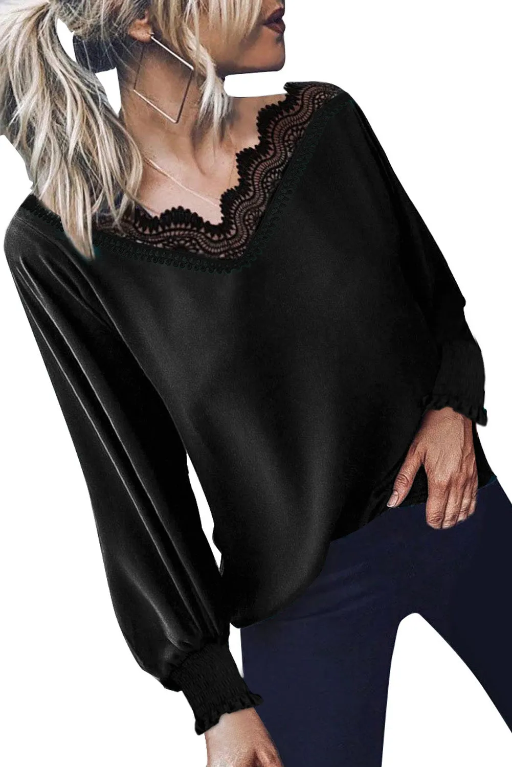 V Neck Lace Patchwork Red Blouse