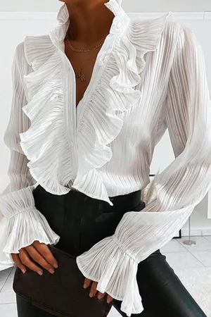 V-neck Ruffled Long-sleeved Shirt
