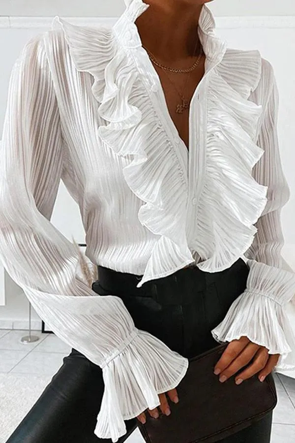 V-neck Ruffled Long-sleeved Shirt