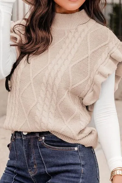 Veralie Cable-Knit Ruffled Mock Neck Sweater Vest