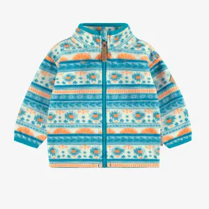 Veste de polar bleue à motifs et col montant, bébé || Blue fleece jacket with patterns and high collar, baby