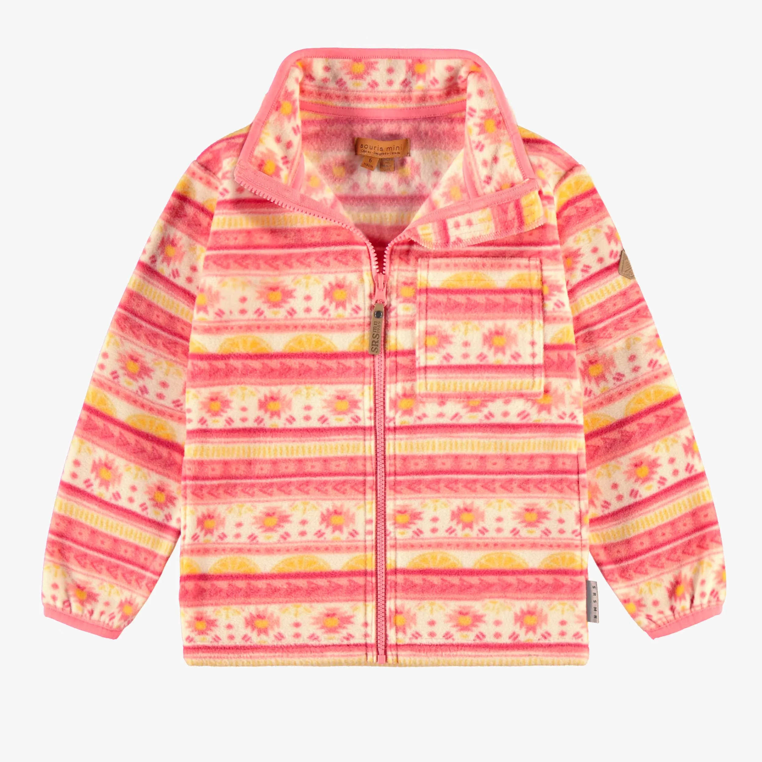 Veste de polar rose à motifs et col montant, enfant || Pink fleece jacket with patterns and high collar, child