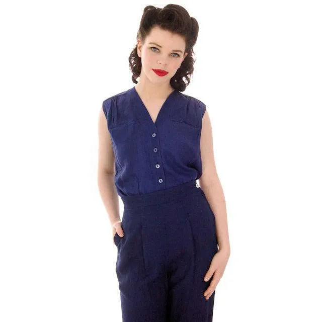 Vintage Linen Sleeveless Blouse Navy Blue Edith Fornarotto 1940s 38" Bust
