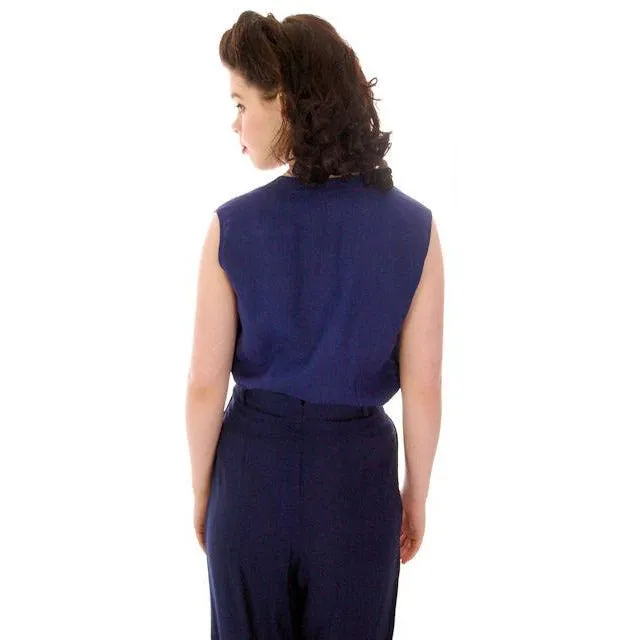 Vintage Linen Sleeveless Blouse Navy Blue Edith Fornarotto 1940s 38" Bust
