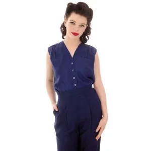 Vintage Linen Sleeveless Blouse Navy Blue Edith Fornarotto 1940s 38" Bust